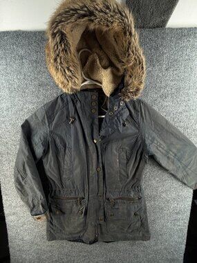 Barbour KELSALL Wax Parka Ladies Jacket Women Full Zip Blue Hooded Size 4 US